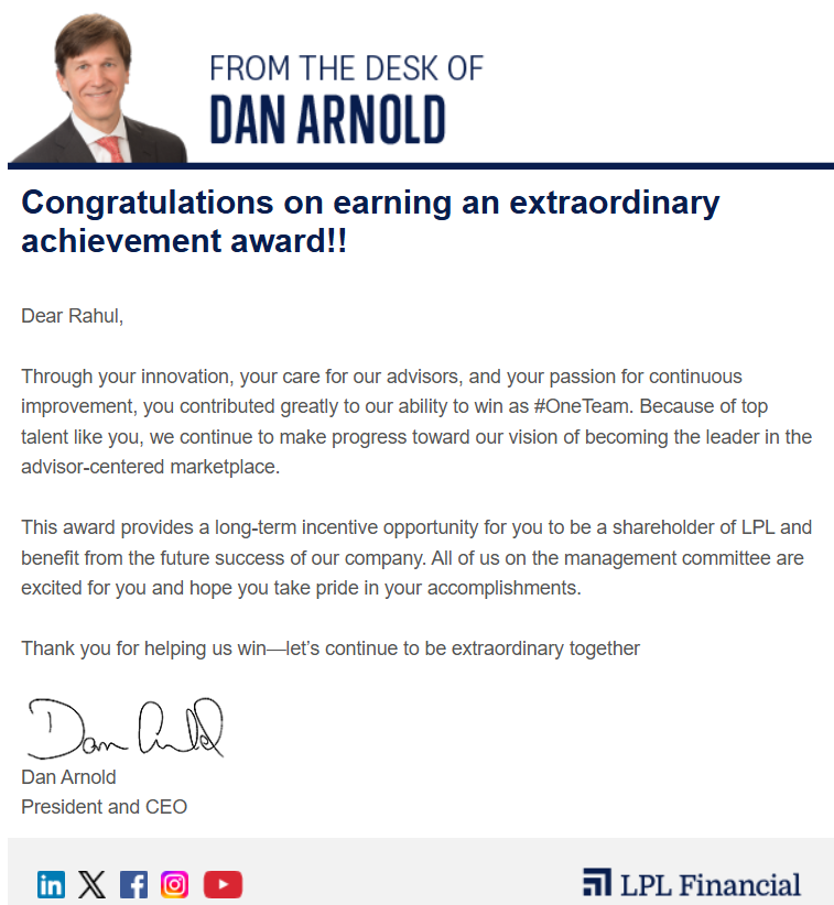 Article: Extraordinary award from LPL CEO