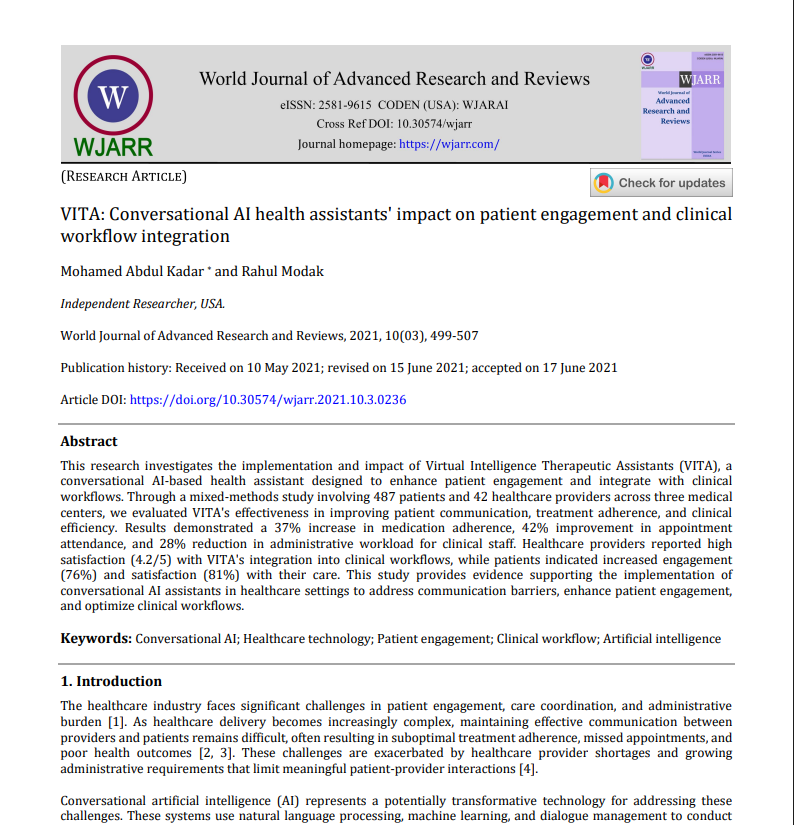 Article: VITA: Conversational AI Health Assistants' Impact on Patient Engagement and Clinical Workflow Integration