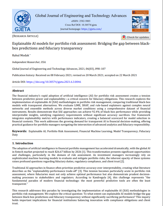 Article: Explainable AI models for portfolio risk assessment: Bridging the gap between blackbox predictions and fiduciary transparency