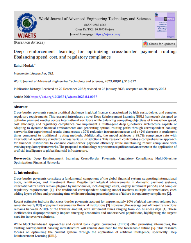 Article: Deep Reinforcement Learning for Optimizing Cross-Border Payment Routing: Balancing Speed, Cost, and Regulatory Compliance