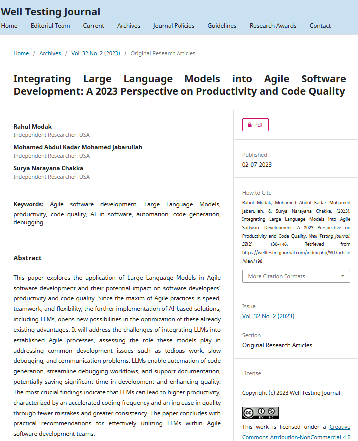 Article: Integrating Large Language Models into Agile Software Development: A 2023 Perspective on Productivity and Code Quality