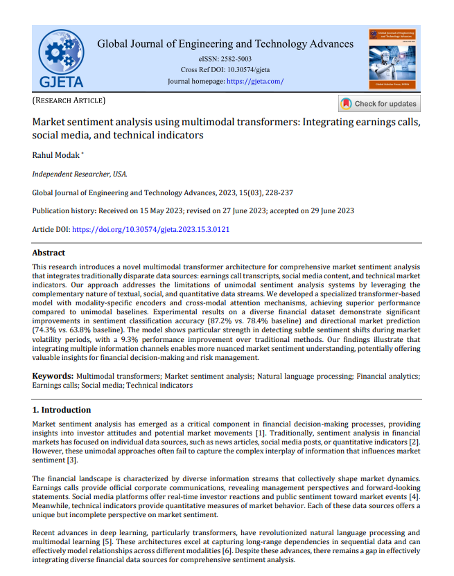 Article: Market Sentiment Analysis Using Multimodal Transformers: Integrating Earnings Calls, Social Media, and Technical Indicators