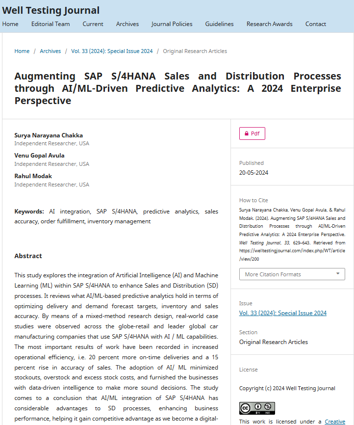 Article: Augmenting SAP S/4HANA Sales and Distribution Processes through AI/ML-Driven Predictive Analytics: A 2024 Enterprise Perspective
